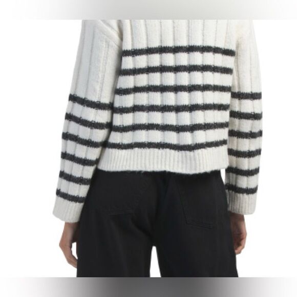 Lucky Brand L-XL White Black Stripe Cable Knit Button Front Wool Blend Cardigan - Picture 4 of 16